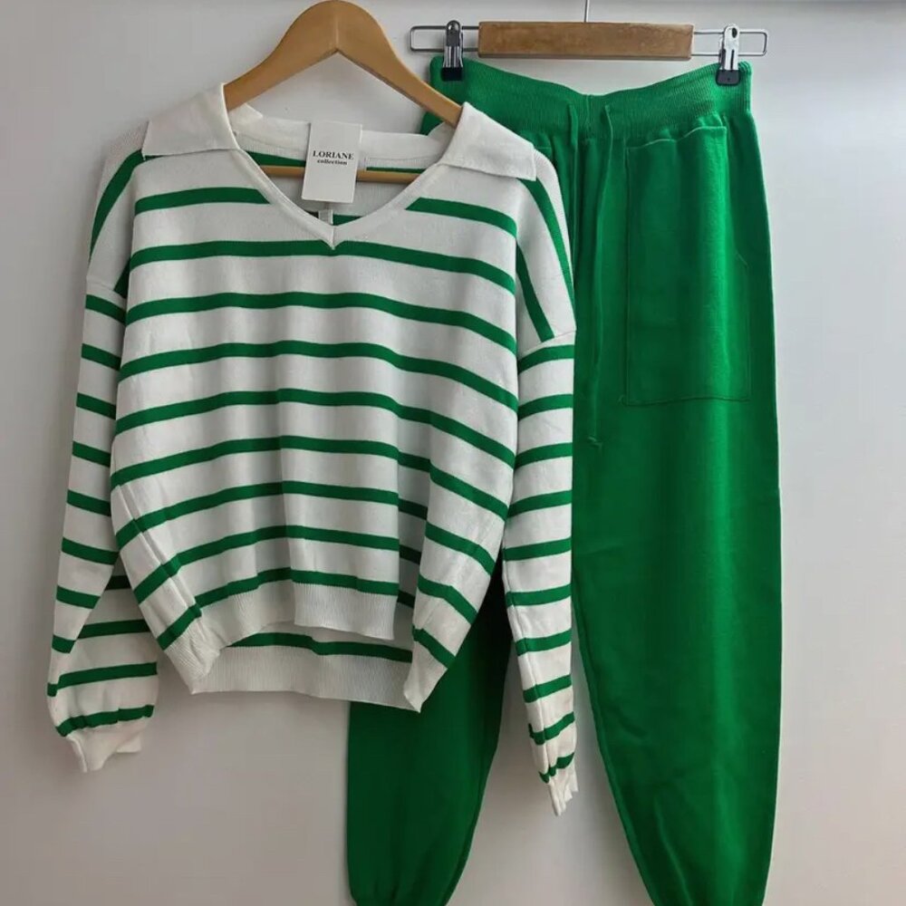 Green & White Striped Mesh Top and Pant